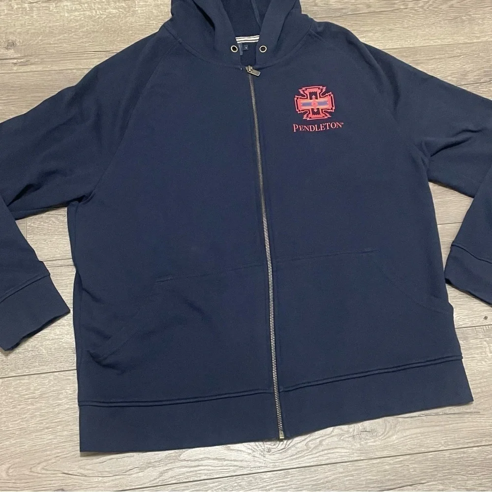 Pendleton Fleece Sweatshirt Hoodie Full Zip Chief Joseph Logo Navy Blue Size L
